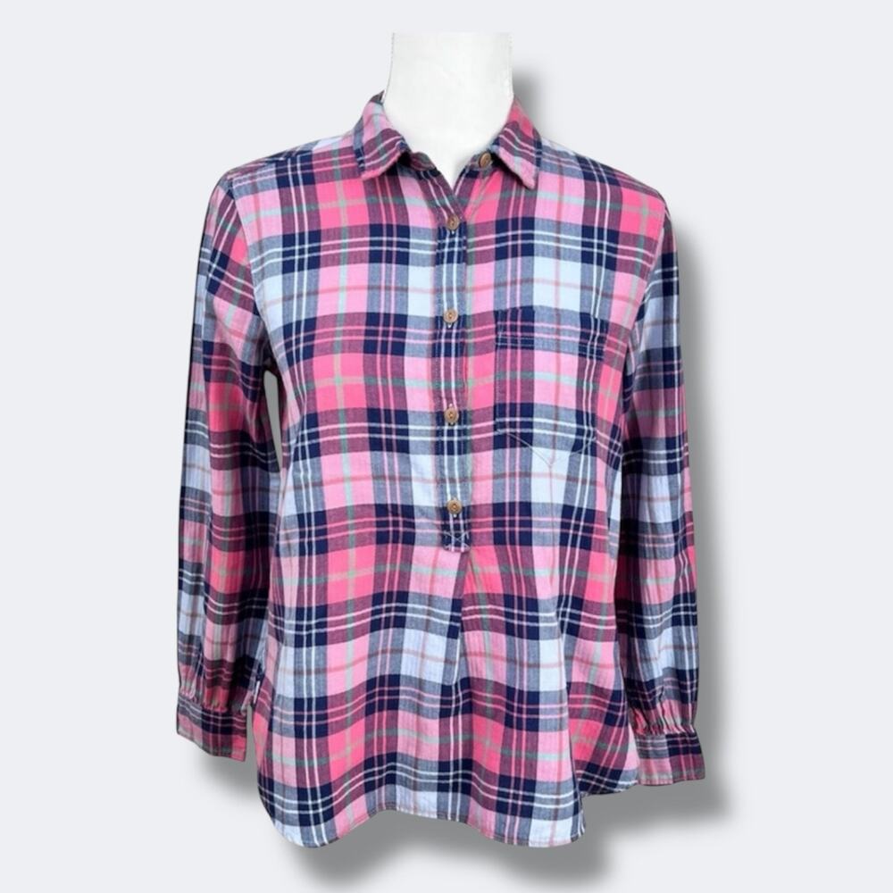 J.Crew Top Womens XS Pink Blue Plaid Popover Button Front Collared Casual